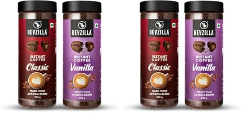 Image of Bevzilla 200 Gram Classic & 200 Gram Vanilla Flavoured Instant Coffee Powder | Perfact for Espresso, Latte & Cappucino | Hot & Cold Coffee | Unbreakable Jar (Pack of 2)