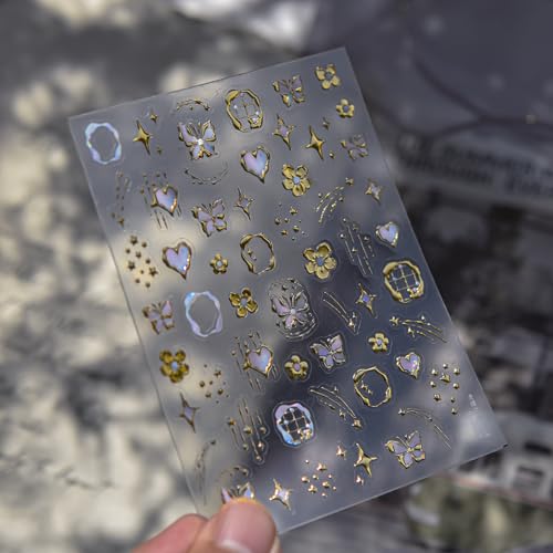 Image of Gold Nail Stickers Decals Flower Nail Art Stickers Butterfly Nail Decals 5D Embossed with Design Self Adhesive Nails Charms for Women Girls Kid Manicure DIY Decoration Accessories