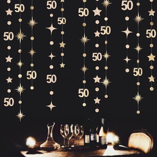 Champagne Gold 50th Birthday Decorations Number 50 Circle Dot Star Garland Metallic Streamer Banner for Women Mens Cheers to 50 Years Old Birthday Happy 50th Anniversary Vintage 1975 Party Supplies