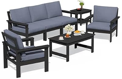 SERWALL HDPE Patio Furniture Set, 7-piece Outdoor Sectional Sofa Set, All Weather Outdoor Couch Set for Deck, Lawn, Black Frame with Grey Cushion