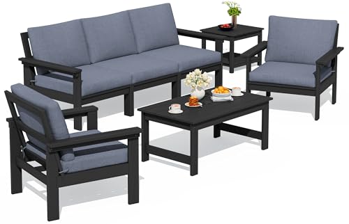 Image of SERWALL HDPE Outdoor Patio Furniture Set Outdoor Couch | All Weather Outdoor Sectional with Coffee Table & Side Table, Black Frame & Gray Cushions