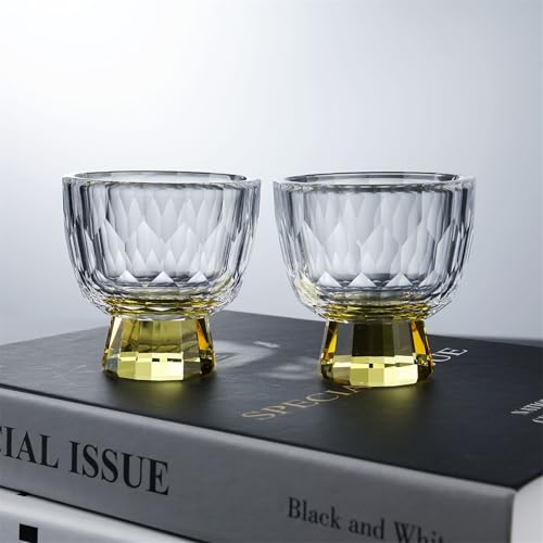 Vasos chupito de cristal de 50ml con relieve diamante y base amarilla para degustación de té 7