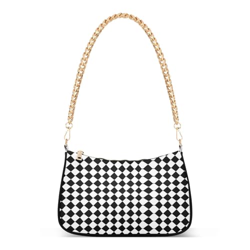 Shoulder Bags for Women Checked White Black Pattern Hobo Tote Handbag Small Clutch Purse with Zipper Closure