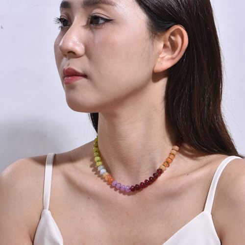 Beaded Gemstone Necklace for Women, Colorful Rainbow Choker, Boho Natural Stone Summer Beach Handmade Jewelry3