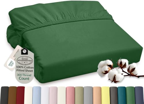 Image of ROYALE LINENS 300 Thread Count 100% Long Staple Combed Cotton Fitted Sheet Queen - Super Soft Deep Pocket Bottom Sheet - Fitted Sheets Only - Elastic Sheets (Queen, Hunter Green)