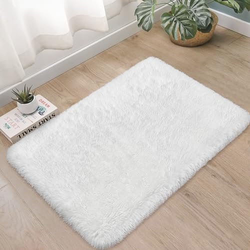 Tapete pequeño peludo blanco 2x3 pies para dormitorio miniatura 1
