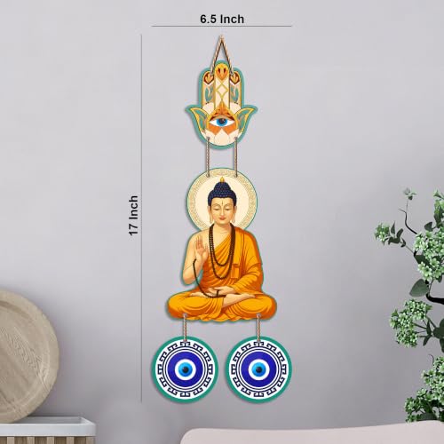 Image of Artvibes Buddha Blessing Wall Hanging with Hamsa Hand & Evil Eye Accents | Decorative Spiritual Hanging for Home Protection | Wooden Decor for Entrance | Positive Energy Wall Art (WH 85102N)