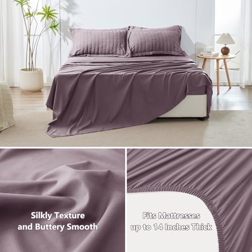 Image of HIMEET Full Size Comforter Sets - 7 Pieces Seersucker Bed in a Bag, Boho Bedding Sets for Bedroom Decor, All Season Home Essential Bed Set with Comforter, Sheets, Pillowcases & Shams, Dusty Purple