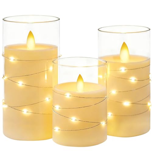 Flickering Flameless Candles: Built-in Star String Lights Unbreakable 3D Wick Acrylic Battery Operated LED Pillar Candles, for Romantic Home/Wedding/Room Decor(4" 5" 6")