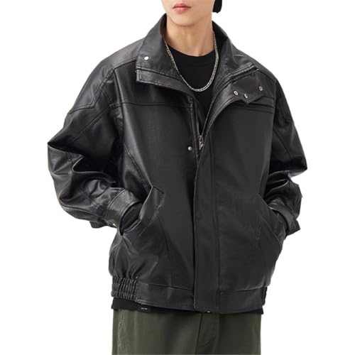 GUOYUXIAO Chaqueta de cuero de moto americana para hombre, ropa holgada de moto-Black-XL