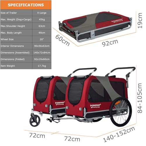 DOGGYHUT® Premium XL 2 in 1 Hundefahrradanhänger & Jogger 23-45 kg Fahrradanhänger für Hunde Hundeanhänger für Fahrrad 80106 (ROT)