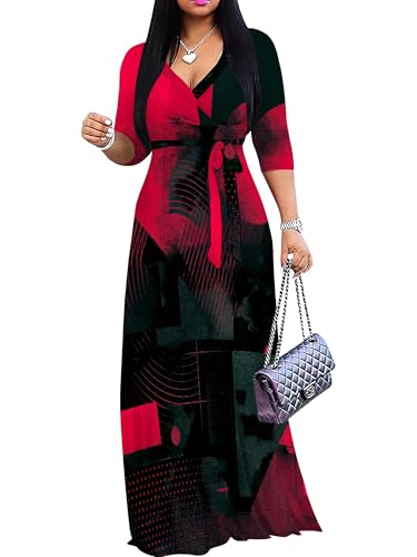 Image of Womens Plus Size Maxi Dresses Casual 3 /4 Sleeve Sundress Fall Wedding Guest Dress with Belt