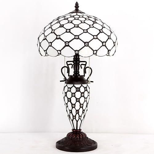 Image of WERFACTORY Tiffany Style Table Lamp Cream Stained Glass Crystal Bead Lamp