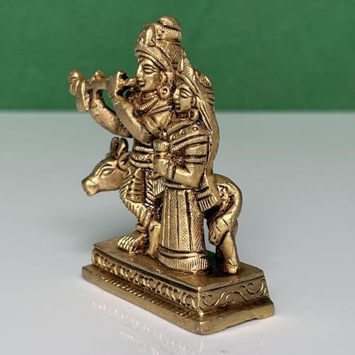 Image of Brass Made Shri Radha Krishna Idol with Darling Cow /Decorative Radha Krishna Idol (4 INCH)