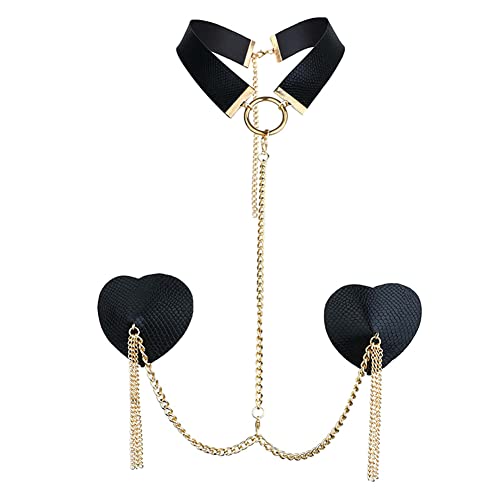 TJCGCKK Wiederverwendbare Metallkette Nippel Aufkleber mit Choker Kunstleder Metall Quaste Nippel Abdeckung Rave BH Sex Körper Kette (Schwarz)