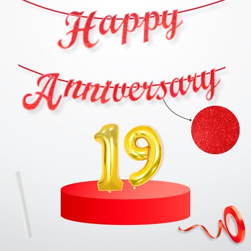 Image of Flyloons 19th Happy Anniversary Banner Red Decorations Kit for Men Women Wedding Anniversary Banner Items without Balloons