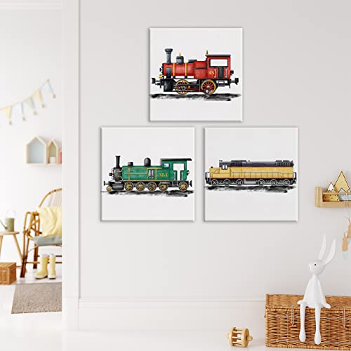 Yuzi-N Set Of 3 Steam Train Nursery Vehicle Art Posters Canvas Wall Art & Tabletop Decoration For Home Boys Bedroom, Watercolor Steam Locomotive Prints Easel & Hanging Hook 12X12 Inch #TOP2