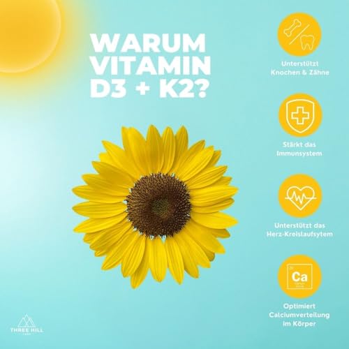 Premium Vitamin D3+K2 Spray - 1000 I.E. - liposomal für maximale Nährstoffaufnahme - vegan und hochdosiert - alkoholfrei - Three Hill Labs