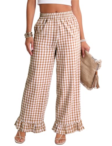 Flygo Women's Gingham Pants Y2K Cotton Wide Leg Ruffle...