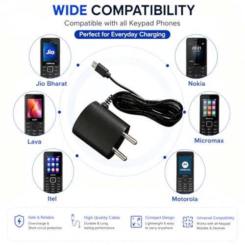 Image of Universal 5V 500mAh Mobile Charger for Keypad Phones - Compatible with Nokia, Samsung, Intex, Lava, Jio Bharat, Feature Phones, Basic Handsets,Reliable Low Power Charging Adapter- (Micro Cable)