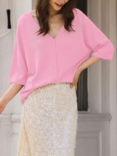 Image of Saodimallsu Womens V Neck Half Sleeve Cardigan Sweaters Summer Knit Tops | Oversized Fit, Button Down, Batwing Sleeve, Soft Lightweight Knitted Fabric, Trendy Casual Style, Summer Fall Outfits