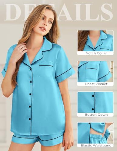 Image of Silk Pajamas for Women Short Sleeve Sleepwear Soft Button Down Loungewear 2 Piece Satin Pjs Shorts Set S-XXL