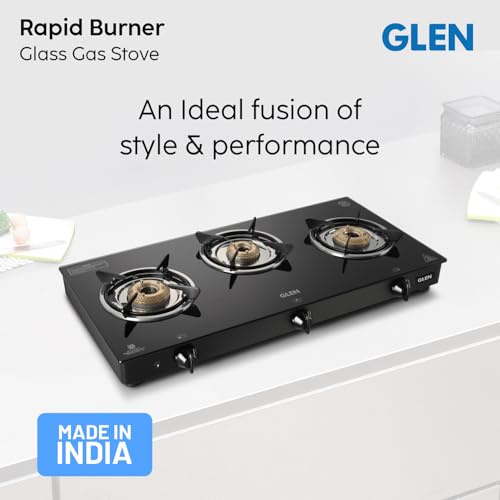 Image of Glen Toughened Glass Top LPG Gas Stove 3 Burner 70 cm | Brass Burners | Black | Auto Ignition | ISI Certified | 360 Revolving Nozzle | 2 Years Standard Warranty | 1030GTBBBLAI