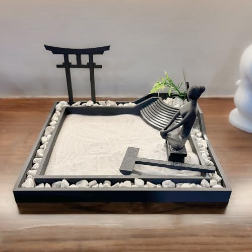 Image of Desktop Zen Garden Set, Japanese Style Meditation Sand Garden in Black PLA with mini Torii Gate and Rake, Table Decor (Small)