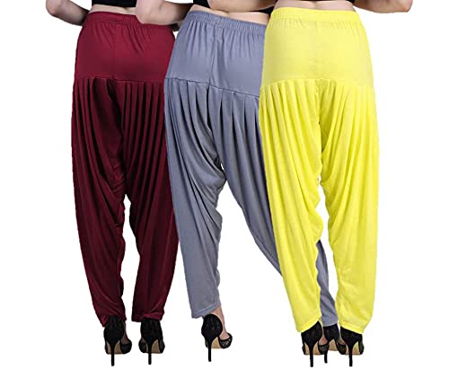 Image of Casuals Women's Regular Fit Viscose Drawstring Patiala Harem Pants Combo Pack 3 (Maroon :: SteelGrey :: Lemon Yellow,4XL)