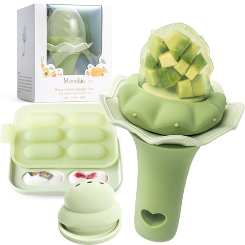 Moonkie Fruchtsauger Baby mit Gefrierschrank Tablett, BPA-Frei Silikon Fruchtschnuller mit Zwei Größen Beutel, 4 Monate+ Zahnungshilfe, Geschenk zur Babyparty, 1 Stück(Estragon)