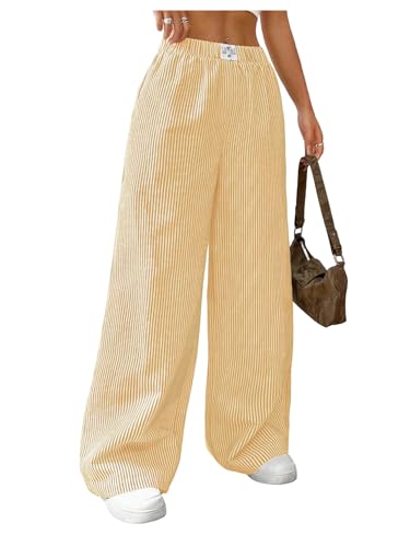 MakeMeChic Women's Striped Pants Elastic Waist Wide Leg Straight Summer Trousers
