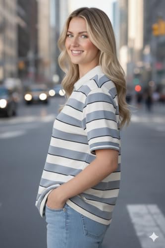 Image of Mack Jonney Women's Striped Polo T-Shirt | Half Zip Collar | Half Sleeve Cotton Casual Top | Relaxed Fit-M7496