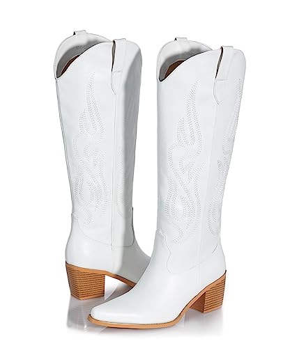 Image of Pasuot Western Cowboy Boots for Women - Knee High Wide Calf Cowgirl Boots, Slip On Pointed Toe Chunky Heel Fashion Retro Classic Pull On Tall Boot for ladies Party concert
