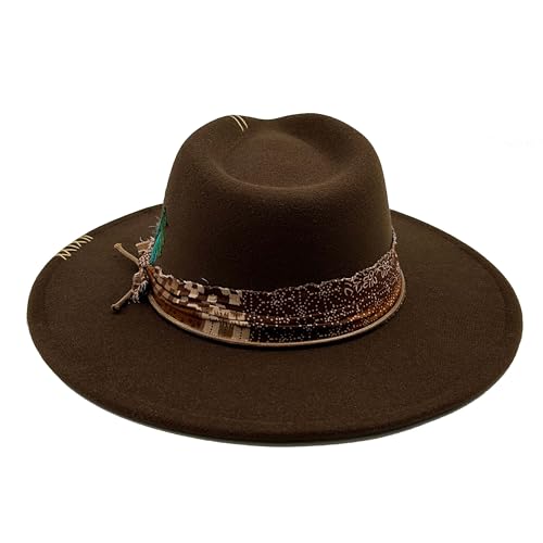 Image of Classic Wide Brim Fedora Hat for Women Man Floppy Panama Hat Western Felt Outdoor Hat with Band Sun Protection