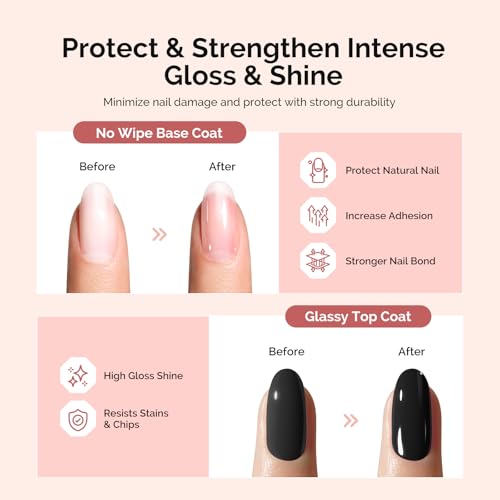 Image of MelodySusie Top Coat Base Coat No Wipe Glossy Set Long Lasting Shine Finish Soak Off UV LED Nail Lamp Nail Polish Art Design Manicure Kit Perfect Gifts for Women Girls 2 Pcs 15ml Clear