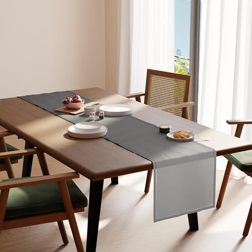 Image of Encasa XO Cotton Table Runner for 4 Seater, Hemstitched Grey