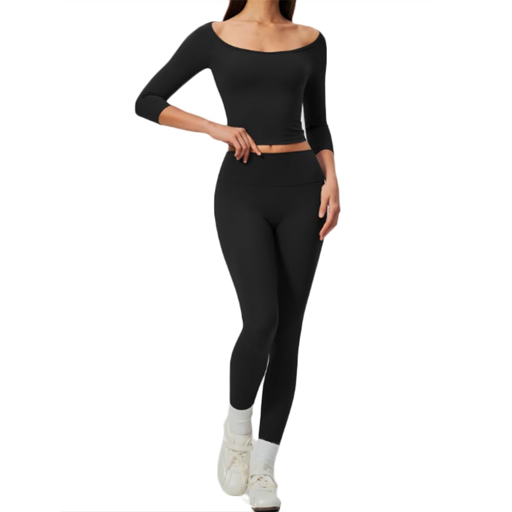 Completo yoga donna aderente con leggings a vita alta | Top corto a spalle scoperte maniche 3/4 abbinato a leggings a vita alta sollevaglutei, tessuto elastico per allenamento e uso