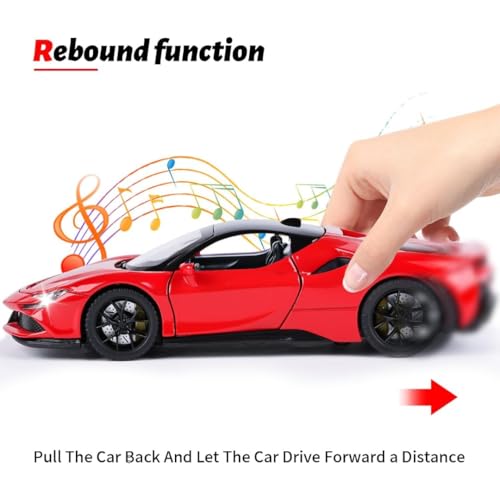 Image of PLUSPOINT Diecast Red Ferari SF90 STRADALE Hardtop Toy Car Scale Model Pull Back Vehicles with Doors openable Alloy Simulation Supercar with Lights and Sound Also for Car Dashboard Kids Adult