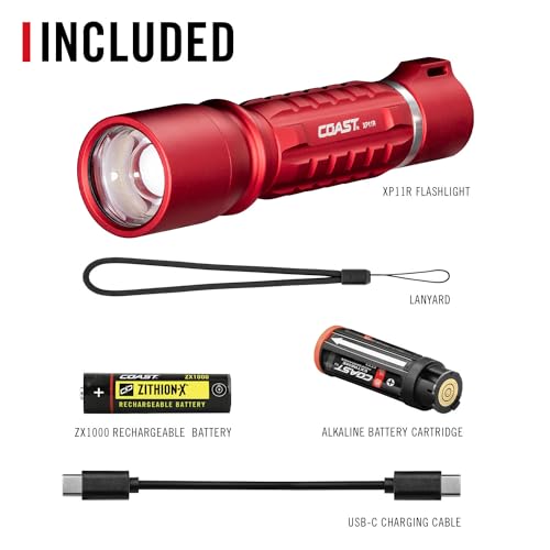 Image of Coast XP11R 2600 Lumen USB-C Rechargeable LED Flashlight with Slide Focus and Pure Beam Focusing Optic, 4 Light Modes, Red