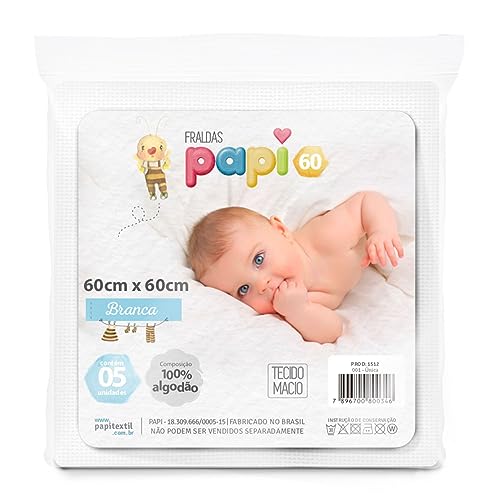 Kit 5 Fraldas Papi 100% Algodão 60x60cm Lisas Branco
