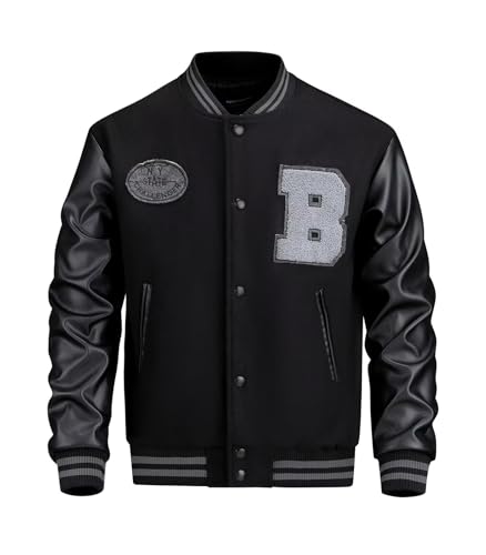 INVACHI Men's Varsity Jacket with Leather Patchwork Casual Baseball Jacket Spring Bomber Jacket