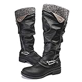 [page_title]-gracosy Damen Hohe Stiefel, 2019 Winter Schuhe Leder Warme Kunstfell Gefüttert Schneestiefel Reitstiefel Niedrige mit Absatz Beiläufige Schnalle Langschaft Kniehohe Stiefel Schwarz Grau Braun