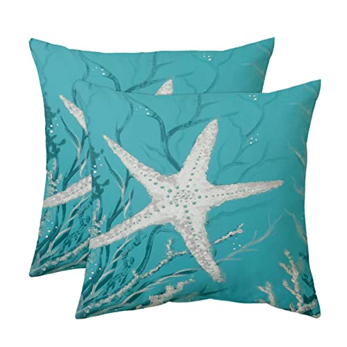 Tritard Starfish Throw Pillow Covers Set of 2 Coastal Nautical Pillow Cases Ocean Themed Coral Pattern Beach Couch Cushion Covers for Living Room Bedroom Sofa Car, 18x18 Inches, Blue - Image 2