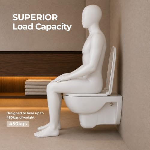 Image of KRISS KROSS Pacific Wall Hung Western Toilet | P-Trap Wall Outlet Commode with Soft-Close Seat Cover | Ceramic Wall Mounted EWC for Bathroom | White | 50.5 x 35.8 x 36.6 cm
