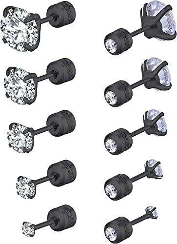5 Pairs Stud Earrings Set,Hypoallergenic Double Round Cubic Zirconia Stainless Steel CZ Earrings 2-6mm Men,Women,Boys & Girls (5 pairs Black)
