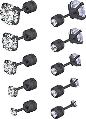 5 Pairs Stud Earrings Set,Hypoallergenic Double Round Cubic Zirconia Stainless Steel Cz Earrings 2-6Mm Men,Women,Boys & Girls (5 Pairs Black) #TOP30