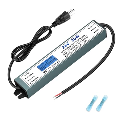 24V 30W LED Power Supply, IP67 Waterproof AC 90-265V to DC 24V 1.25A LED Driver, Low Voltage Transformer with 3-Prong Plug for LED Strips, Landscape Lighting, Computer