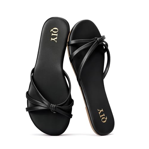 Black knot-detail flat thong sandal shown in size 10 — the only listing with explicit wide-foot sizing advice