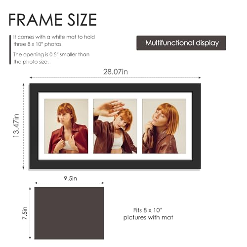 Image of DUENPY 11.5x26.1 Picture Frame 3-Opening 8x10 Collage Picture Frame Displays Three 8x10 inch Photos Collage Wall Decor Wall Hanging or Tabletop Black