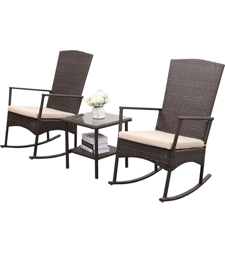 Outdoor HDPE Wicker Rocking Chair 3-Piece Patio Rattan Bistro Set 2 Rocker Armchair and Glass Coffee...